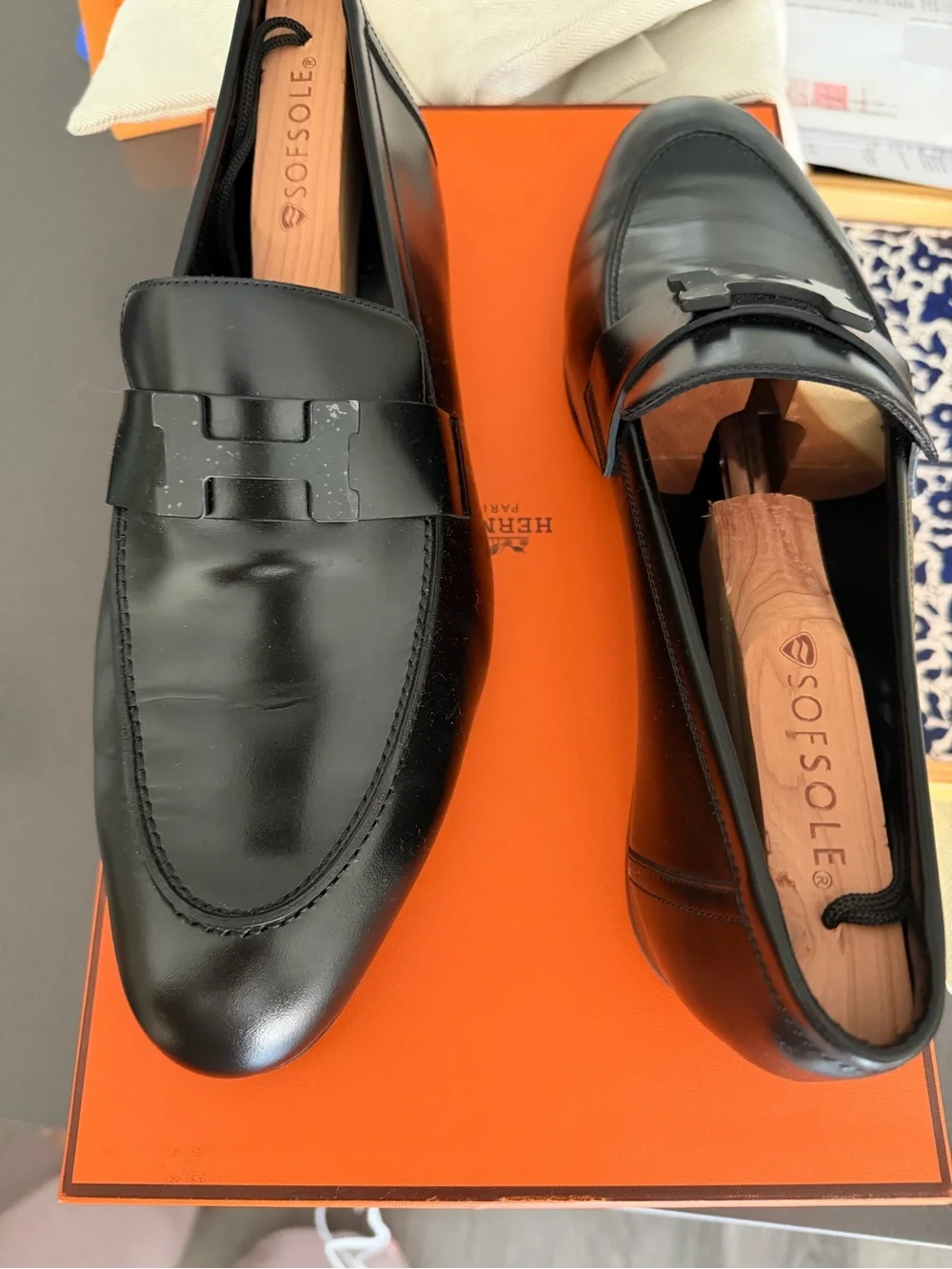 Hermes Black Leather Men's Slip-On Loafers with H Accent